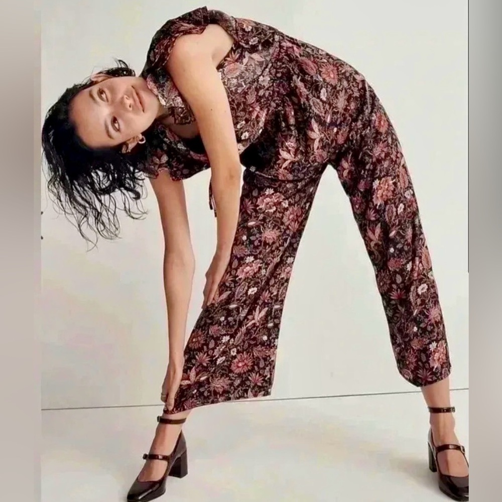 NWT Madewell Sleeveless Deep-V Wide Leg Jumpsuit Black/Brown w Pampas Blooms ZB6